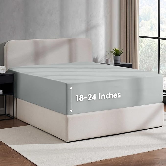 Nestl 2 Pack Light Grey Fitted Sheet Extra Deep Pocket, Hotel Luxury Cal King Fitted Sheet Only Easily Fits 18 to 24 Inch Mattress, Super Soft, Wrinkle-Free and Breathable with Corner Straps