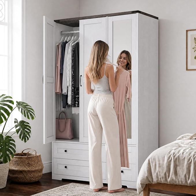 Yechen 71" Wooden Armoire Wardrobe Closet with Mirror and 4 Drawers, 3-Door Modern Functional Clothes Tall Storage Cabinet with 4 Adjustable Shelves and Hanging Rod, Freestanding Wardrobes for Bedroom