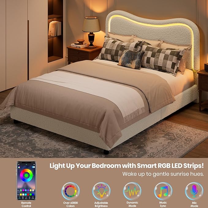 GarveeHome LED Queen Bed Frame with 2 Drawers and Headboard, Cute Upholstered Bed with Storage, Sturdy Platform Bed, No Box Spring Needed, Wooden Slats, Noise Free, White