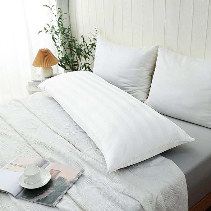 100% Cotton Soft Body Pillow Protectors with Invisible Zipper 20X54 Inches Body Pillow Cases, 600 Thread Count Soft Pillow Cases, Striped White Color 1-Pack
