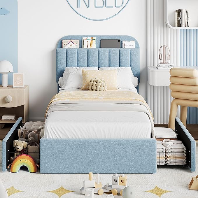 Garvee Twin Size Bed Frame with 2 Flexible Drawers, Boucle Upholstered Platform Bed Frame with Bookcase Headboard, Bedframe for Kids/Boys, Easy Assembly, No Box Spring Needed, Noise Free, Blue