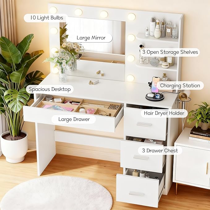 YESHOMY Vanity Desk with Mirror, 10 Lights, Power Outlet and 3 Storage Shelves, Makeup Table with 4 Drawers, 3 Color Modes, for Bedroom, Pure White