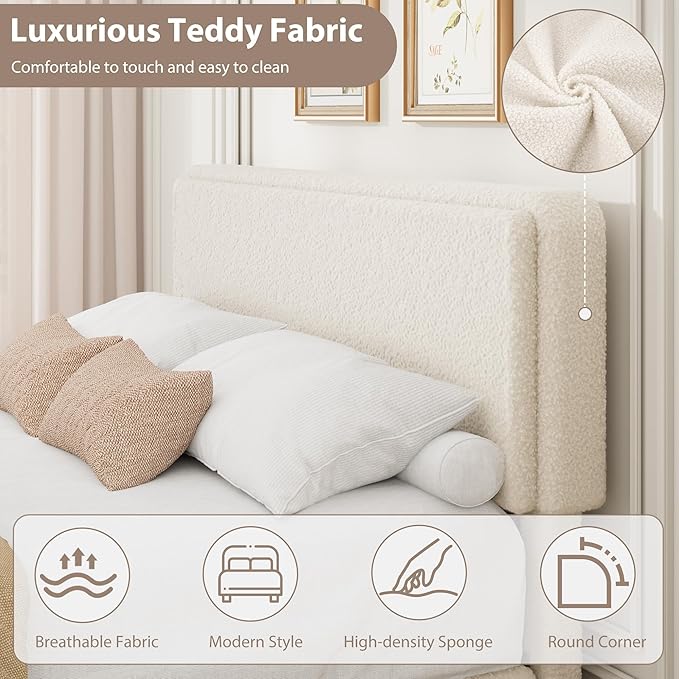 Garvee Full Size Teddy Fleece Bed Frame, Upholstered Platform Bed with 2 Storage Drawers, Height Adjustable Cloud Headboard, Thick Soft Teddy Fabric Bed, Modern Style, No Box Spring Required, Cream