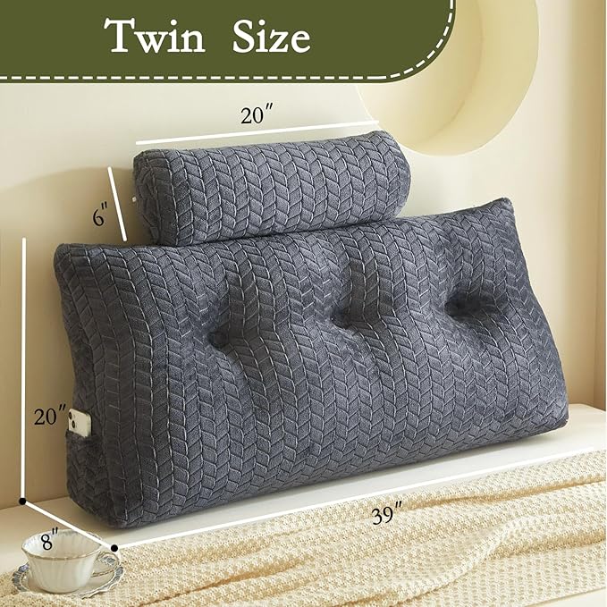 YOUR MOON Wedge Headboard Pillow Twin Size, Triangular Wedge Backrest Pillow with 1 Pack Neck Roll Pillows, Headboard Pillow for Bed,Daybed,and Lounging, Large Bed Bolster Pillows,Dark Gray