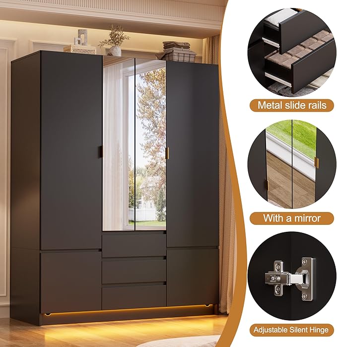 PAKASEPT 4 Doors Armoire Wardrobe Closet with Led Light & Mirror, Bedroom Large Capacity Freestanding Armoire Wardrobe with Drawers, Storage Cabinet with Hanging Rod Storage Closet for Bedroom