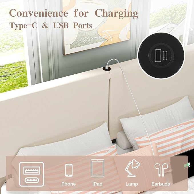 VECELO Queen Bed Frame with Type-C & USB Ports, Upholstered Platform Height-Adjustable Cotton and Linen Headboard, No Box Spring Needed, Noise-Free, Easy Assembly, Beige