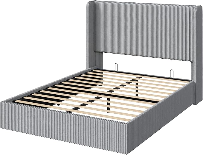 SHA CERLIN Full Size Lift Up Storage Bed Frame, Modern Upholstered Wingback Headboard, Hydraulic Support & Underneath Storage, Soft Corduroy Fabric Platform Bed, No Box Spring Needed, Light Grey