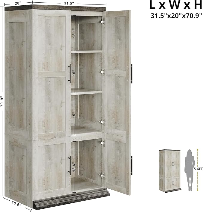 LIKIMIO Large Wardrobe Closet, Farmhouse Clothing Storage Cabinet with Hanging Rod and 2 Doors, Wooden Tall Bedroom Armoires with Storage Shelves, Rustic White