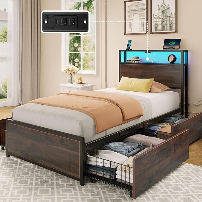 Rolanstar Twin Bed Frame with 4 Storage Drawers & 2-Tier Storage Headboard, Metal Platform Bed Frame with Charging Station & LED Lights, Noise-Free, No Box Spring Needed, Easy Assembly, Espresso