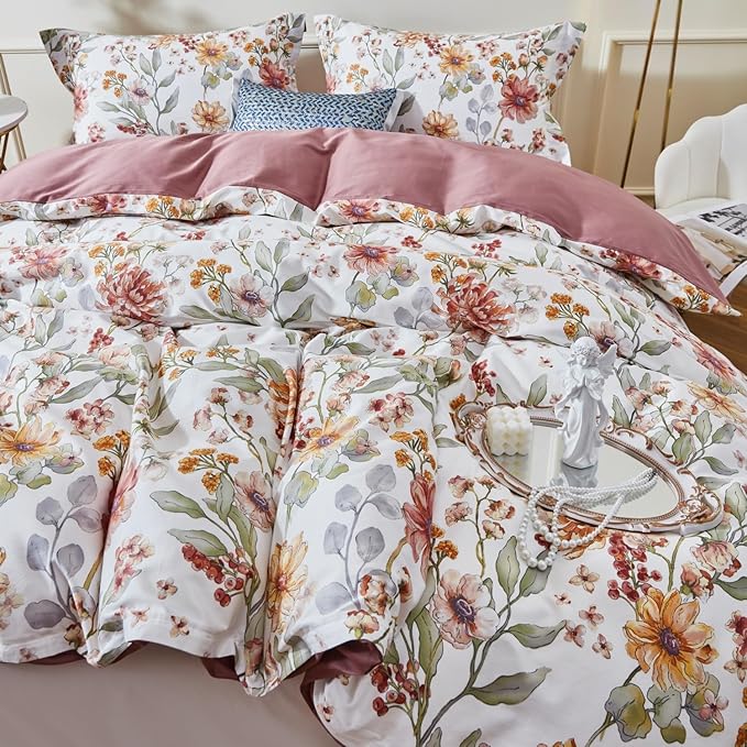 OAITE Duvet Cover Set,100% Cotton Comforter Cover with Floral Pattern Duvet Cover Set,Soft Bedding Set Includes with 3 Piece (2 Pillow Shams,1 Duvet Cover)