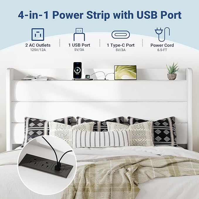 Allewie King Size Upholstered Bed Frame with Charging Station & Storage Headboard, Soft Velvet Wingback Platform Bed, Strong Wooden Slats Support, No Box Spring Needed, Easy Assembly, White