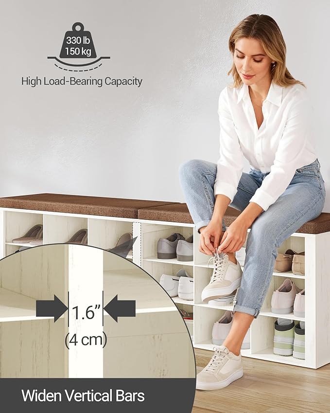 Hzuaneri Shoe Storage Bench with Cushion, Entryway Storage Bench with 18 Cubbies, 9.5" Widened Organizer Cabinet, Long Cubby Rack for Living Room, Bedroom, Entryway, White and Brown SB25714KA