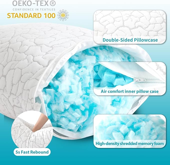 Cooling Pillows for Sleeping 1 Pack, Standard Size Adjustable Shredded Memory Foam Pillows, Firm Bed Pillows for Side, Back, Stomach, Hot Sleepers, Cold Single Pillow for College Dorm Room