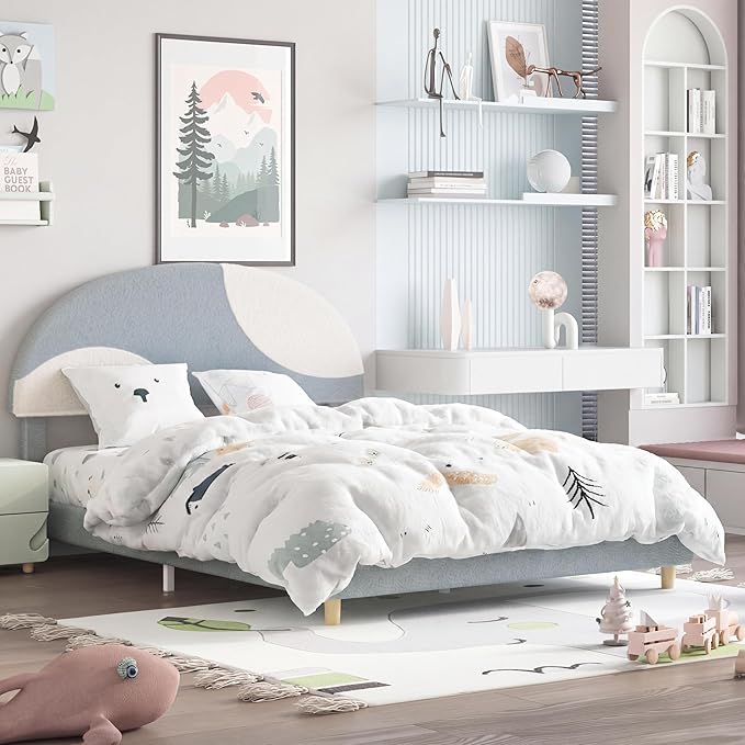 Garvee Full Bed Frame with Upholstered Round Boucle Headboard, Arch-Shaped Design in Soft Blue and White, Modern Kids Bed with Wooden Slats, No Box Spring Required and Easy Assembly