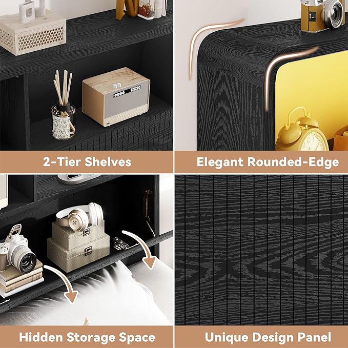 Headboard Queen Size with Storage, 63" Wide Wooden Queen Headboard Only, Modern Farmhouse Head Board with Outlets & USB Ports, Wall Mounted Headboards with Color-Changing LED, Black