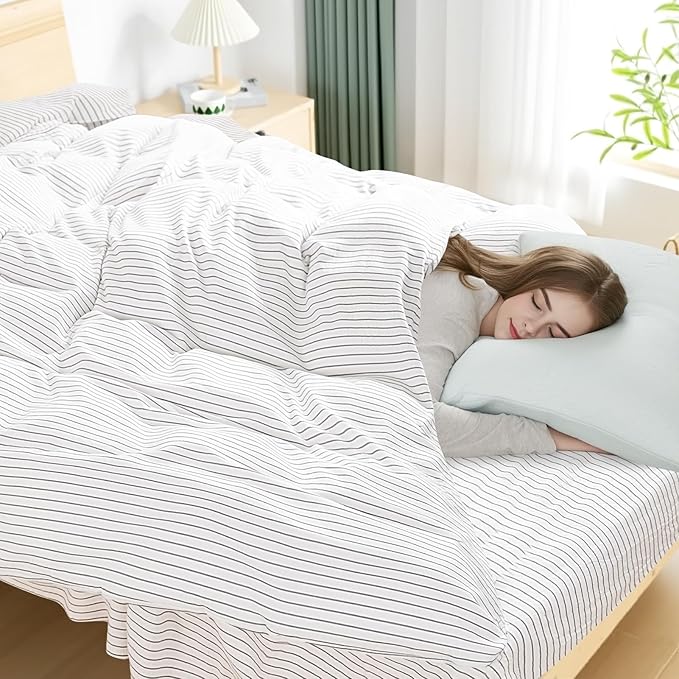 NEXHOME PRO Striped Duvet Cover King Size,100% Washed Cotton Bedding Set,Textured Linen Feel,Breathable,Organic,3 Piece(Grey Stripes 104x90)