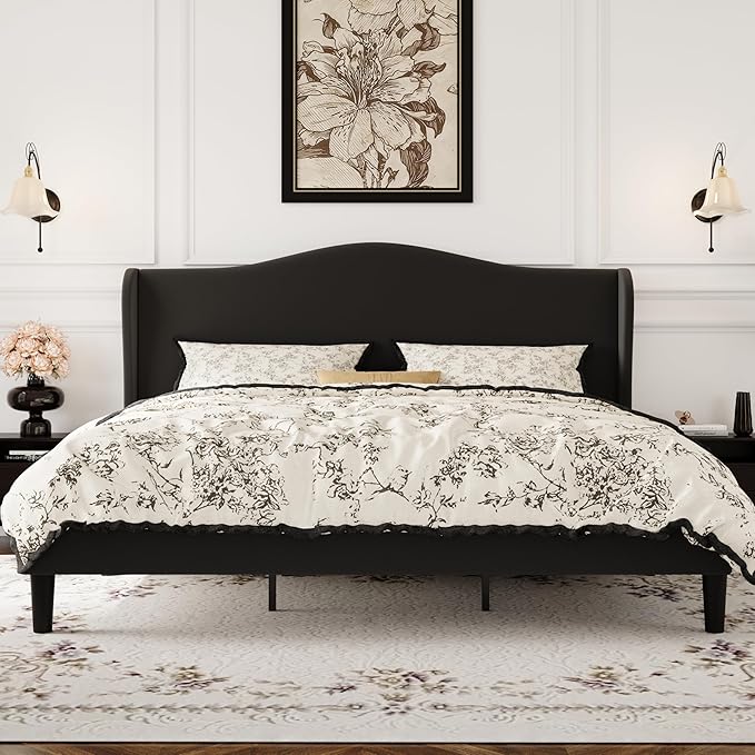 SHA CERLIN King Size Velvet Platform Bed Frame with Elegant Wingback Headboard, Modern & Luxurious Design, Sturdy Wooden Slats, No Box Spring Required, Easy Assembly, Noise-Free, Soft Black