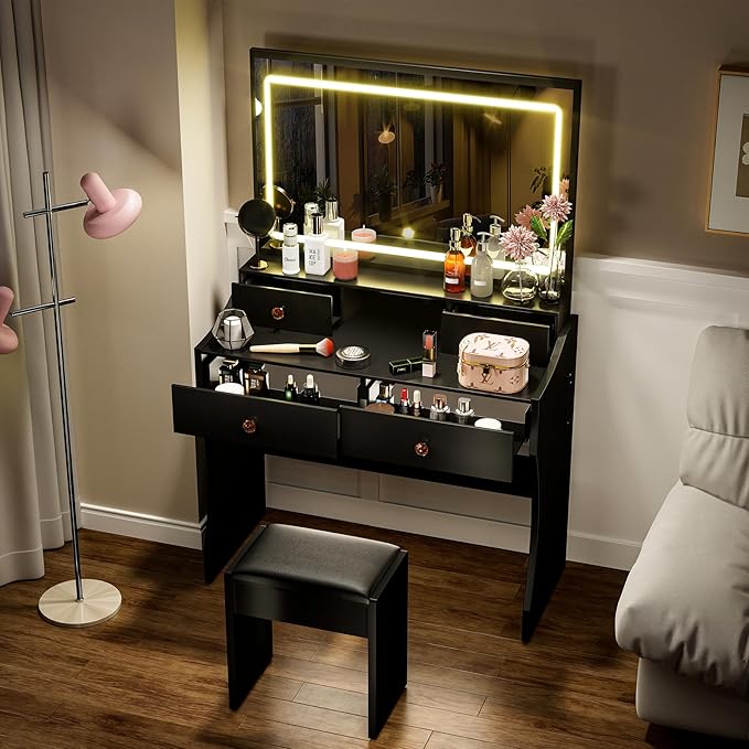 COMHOMA Vanity Desk with LED Lights Mirror & Power Outlet, Small Makeup Vanity Table Set with 5 Storage Drawers, 3 Lighting Modes & Adjustable Brightness, Dressing Table for Women Girls Bedroom, Black