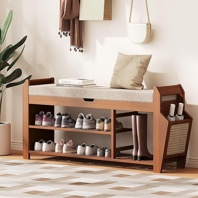 PETKABOO 39.4" Bamboo Shoe Rack Bench, 3-Tier Entryway Bench with Thick Cushion, Flip-Top & Side Storage, Holds Up to 550 LBS for Hallway, Living Room, Bedroom