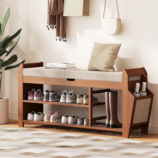 PETKABOO 39.4" Bamboo Shoe Rack Bench, 3-Tier Entryway Bench with Thick Cushion, Flip-Top & Side Storage, Holds Up to 550 LBS for Hallway, Living Room, Bedroom