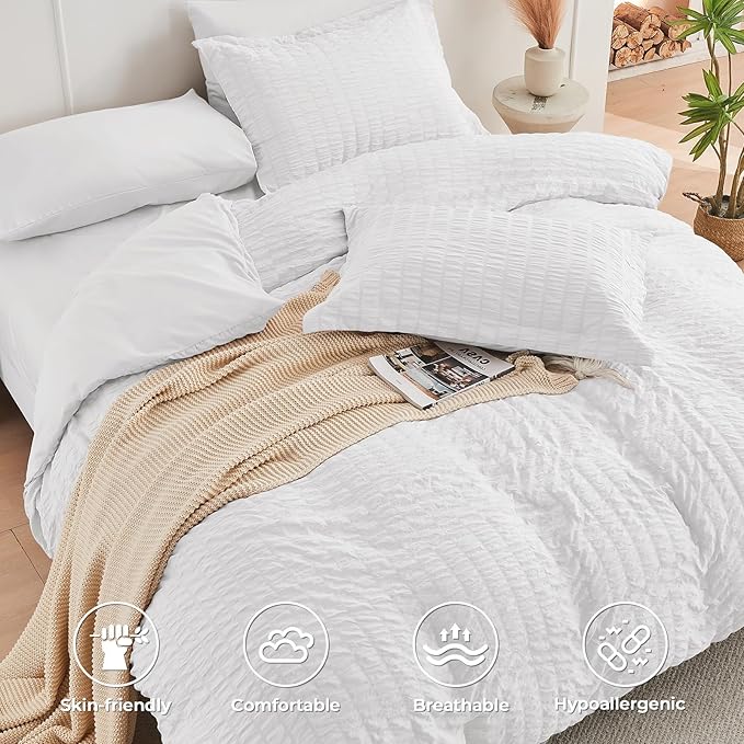 HYMOKEGE White Twin Size Duvet Cover, Ultra Soft 2-Piece Seersucker Duvet Cover Set with Zipper Closure, Soft Brushed Microfiber Bedding Set with 8 Corner Ties (68"x90", 1 Pillowshams)