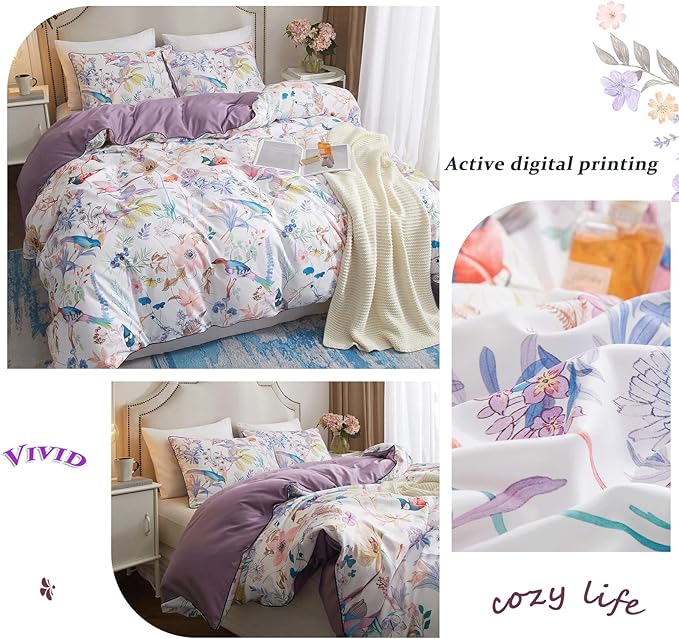 VM VOUGEMARKET Multi Color King Duvet Cover Set with Floral Bird Pattern,White Purple Bedding Set,Lightweight Elegant Botanical Duvet Cover for Girls