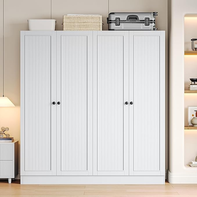 iPormis 4 Doors Armoire Wardrobe Closet with 2 Drawers, 63" Large Wardrobe Cabinet with Removable Hanging Rods and Adjustable Shelves, Closet Storage Cabinet for Bedroom, Cloak Room, White