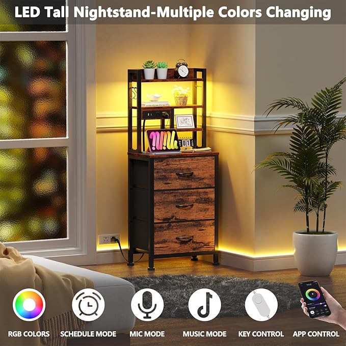 Furnulem Night Stand Set 2, LED Nightstand with Charging Station, 3 Fabric Drawers and 4 Tier Storage Shelf, Bedside End Table for Bedroom, Dorm, Office, Rustic Brown