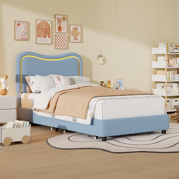 GarveeHome Upholstered LED Twin Bed Frames for Kids with 2 Drawers and Headboard, Cute Twin Bed with Storage for Girls, Boys, Sturdy Platform Bed, No Box Spring Needed, Wooden Slats, Noise Free, Blue