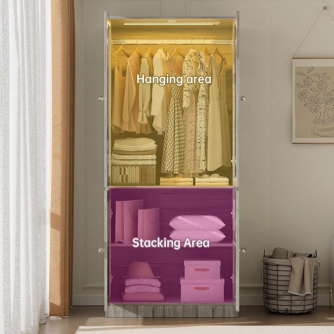 VOWNER 75" Tall Armoire Wardrobe Closet with Drawers & Lights, Clothing Storage Cabinet with 2 Glass Doors & Hanging Rod, Wooden Armoire Storage Cabinet for Bedroom (Grey Oak, 75''H)