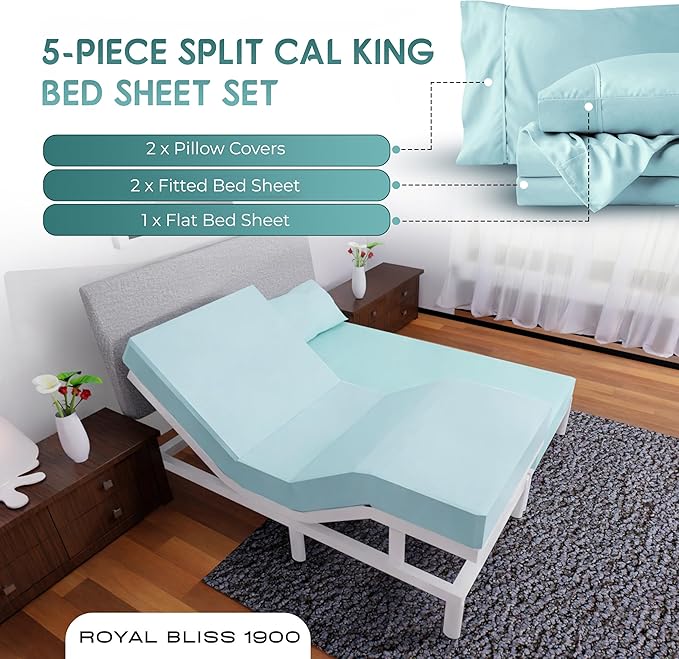 Split California King Sheets Sets - 5 Pcs Set - Split California King Sheets for Adjustable Bed Cal King Split Sheets Sets for Adjustable Bed California King Split Sheets (Aqua)