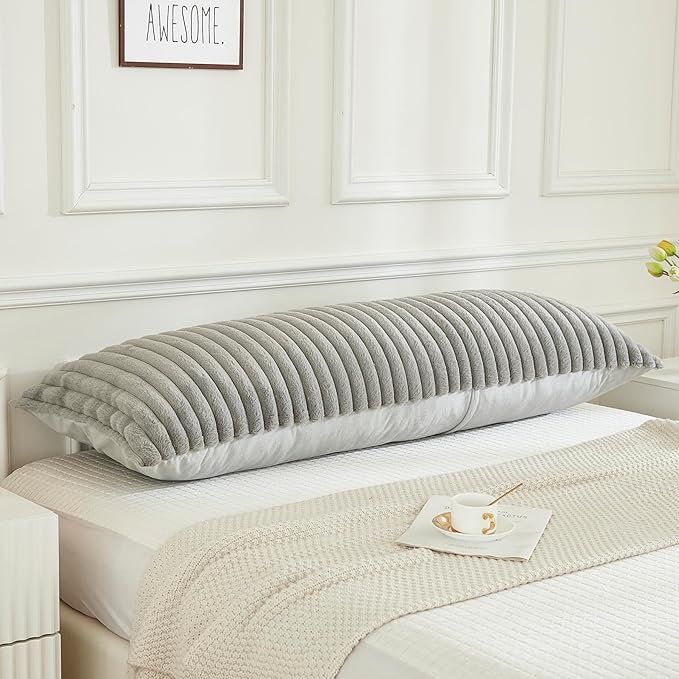 JAUXIO Faux Fur Fluffy Body Pillow Cover Luxury Textured Vertical Stripe Plush Decorative Body Pillowcase, Ultra Soft and Cozy Zipper Closure 21 x 54 Inches, Light Grey