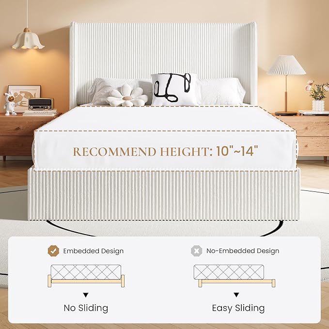 SHA CERLIN Full Size Lift Up Storage Bed Frame, Modern Upholstered Wingback Headboard, Hydraulic Support & Underneath Storage, Soft Corduroy Fabric Platform Bed, No Box Spring Needed, White