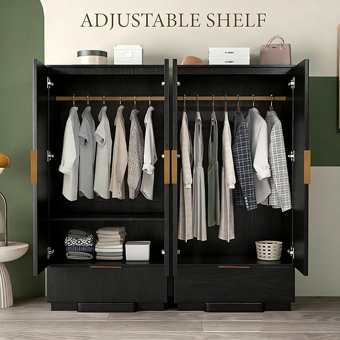 Brafab 67" Fluted Armoire Wardrobe Closet Set of 2 with Drawers and Doors, Wooden Wardrobe Cabinet with Adjustable Shelves, Modern Storage for Clothes, Coats for Bedroom,Black(2 pcs)