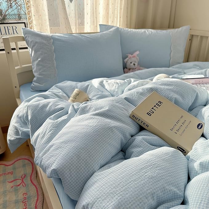 mixinni Blue Gingham Duvet Cover Queen Size - 3 Piece Cottagecore Plaid Bedding Set with Lace Trim, Soft Washed Microfiber Vintage Aesthetic Grid Comforter Cover & Pillow Shams, (Blue White Gingham)