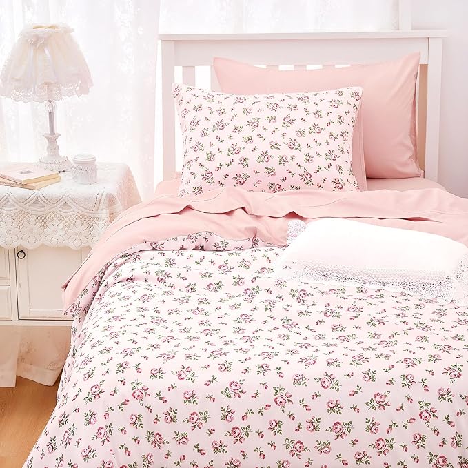 Wake In Cloud - Coquette Duvet Cover Set, Floral Cottagecore Flower Shabby Chic Cute Aesthetic, Soft Lightweight Bedding for Women Teen Girls, 3-Piece, Pink, Twin/Twin XL Size