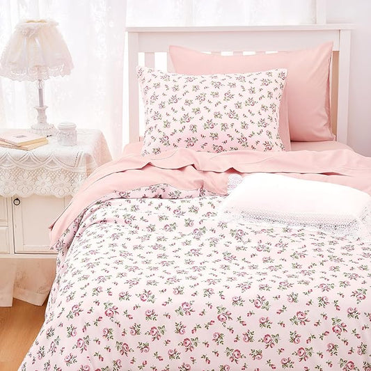 Wake In Cloud - Coquette Duvet Cover Set, Floral Cottagecore Flower Shabby Chic Cute Aesthetic, Soft Lightweight Bedding for Women Teen Girls, 3-Piece, Pink, Twin/Twin XL Size