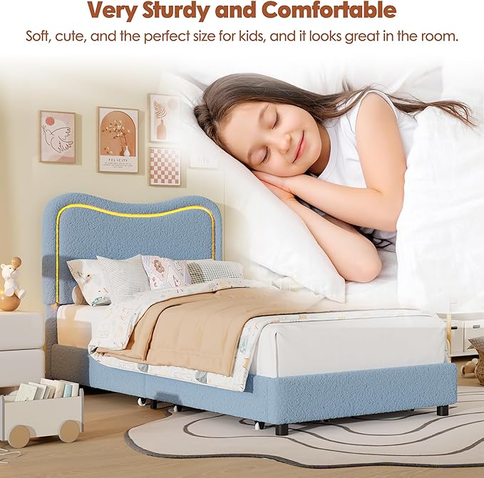 GarveeHome Upholstered LED Twin Bed Frames for Kids with 2 Drawers and Headboard, Cute Twin Bed with Storage for Girls, Boys, Sturdy Platform Bed, No Box Spring Needed, Wooden Slats, Noise Free, Blue