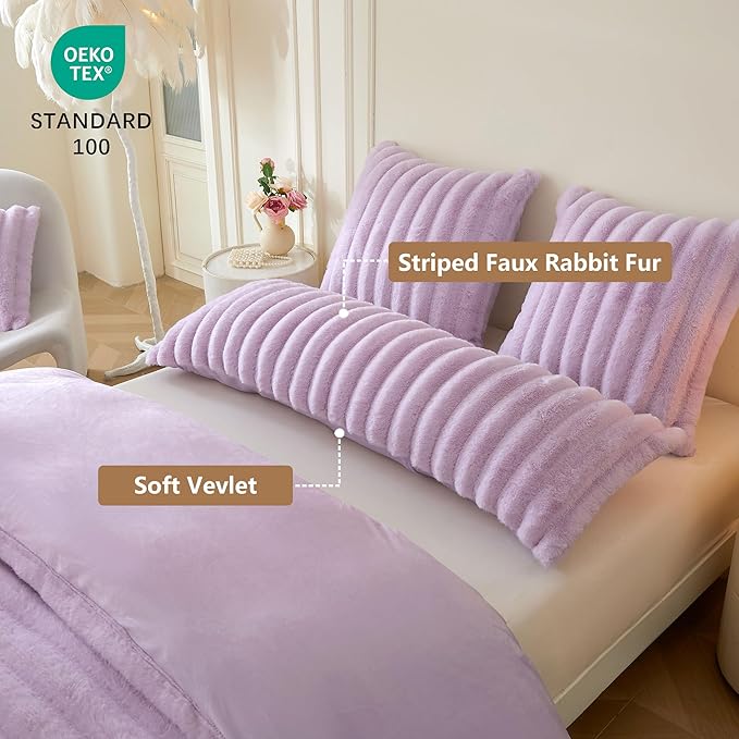 MEGO Fluffy Faux Rabbit Fur Body Pillow Cover, Comfy Plush Fuzzy Striped 20x54 Bedoom Body Pillowcase Light Purple, Shaggy Ribbed Long Bed Pillow Case with Zipper for Kids Girls Teens Adults, Lavender