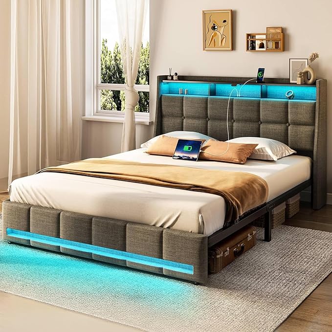 Rolanstar Queen Size Bed Frame with LED Lights and Charging Station, Upholstered Headboard with 2-Tier Storage Shelves, Heavy Duty Metal Frame, Noise-Free Support, Easy Assembly, No Box Spring Needed