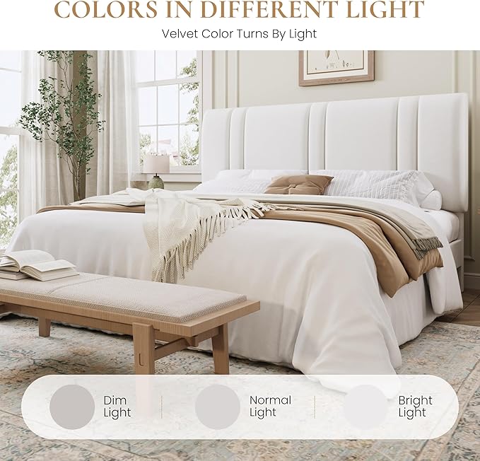 SHA CERLIN King Size Platform Bed Frame, Velvet Upholstered Bed with Adjustable Headboard, Vertical Channel Tufted Design, Sturdy Wood Slat Support, No Box Spring Needed, Easy Assembly, White