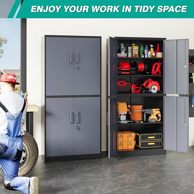 SISESOL Metal Storage Cabinets with Doors and Shelves,71" Metal Garage Storage Cabinet with Lock,Gray Steel Cabinet with Locking Doors,4 Door Lockable Storage Cabinets for Garage,Home,Office
