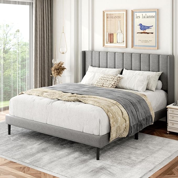 Gruwans Queen Size Bed Frame with Upholstered Wingback Headboard, Easy Assemnly Platform Bed, Wooden Slat Support No Box Spring Needed, Light Gray