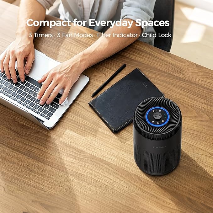 Purivortex Air Purifier for Bedroom, HEPA Air Purifier for Smoke, Dust, Pollen, Pet Dander, Odor & Hair, Quiet Portable Air Cleaner with Sleep Mode, Covers Up to 540 Sq Ft, AC300 Pro Black