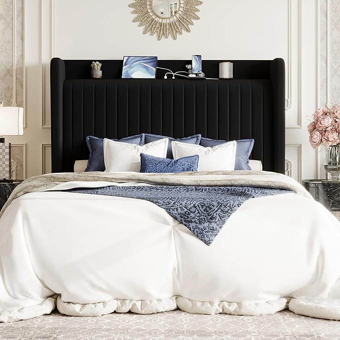 SHA CERLIN Full Size Velvet Bed Frame with USB Charging Station, Wingback Storage Headboard, Upholstered Platform Bed with Wooden Slats Support, No Box Spring Needed, Easy Assembly, Black