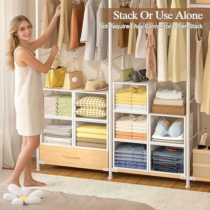 3 Pack Stackable Closet Organizers and Storage Basket, Closet Shelves with Wood Top Extra Storage, Multifunctional Clothes Organizer Bins/Cube Storage Drawer for Wardrobe Kitchen Laundry Room, White