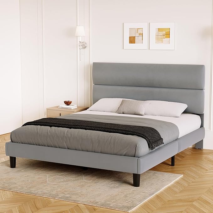 GRUSIGN Queen Size Platform Bed Frame with Velvet Headboard, Adjustable Height Wooden Slats Support, Upholstered Mattress Foundation, Fits Mattress or Mattress with Box Spring, Easy Assembly, Grey