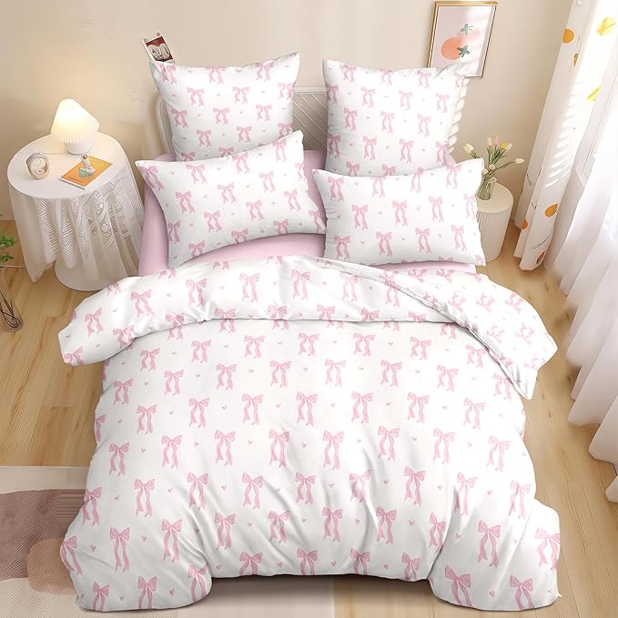 Nayoroom Pink Bow Duvet Cover Queen Size Heart Duvet Cover Coquette Bedding Set 3 Pieces Girls Cute Dorm Bedding Set with Pillowcases Soft Lightweight Microfiber