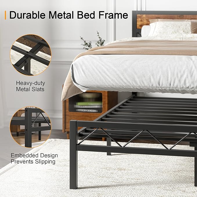 VECELO Twin Size Bed Frame with Headboard, Heavy-Duty Platform Bedframe with Metal Slats Support, No Box Spring Needed, Easy Assembly, Black & Brown
