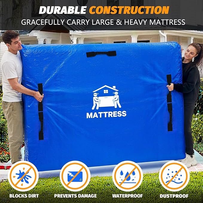 Mattress Bags for Moving, BETU Mattress Protector Waterproof Mattress Cover Twin XL Size Storage Bags with 8 Heavy-Duty Handles and Zipper for College Bed Extra Thick Large(2 Pack:82"x42"x15" Blue)